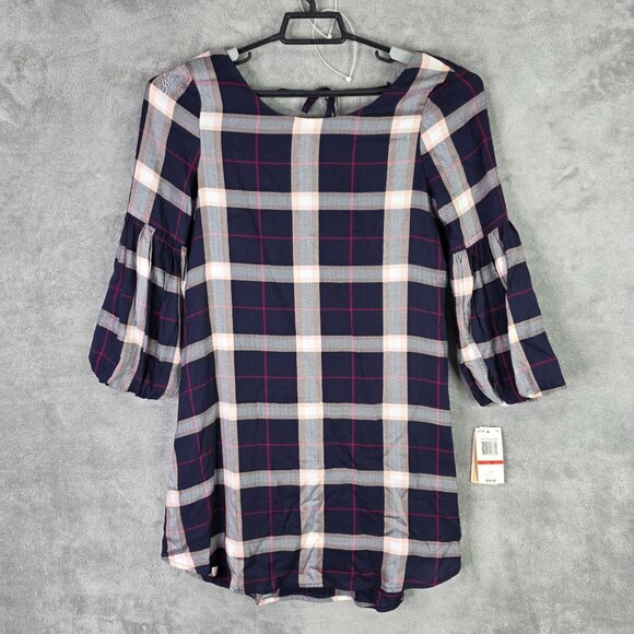 Womens Copper Key Blue Red Plaid Tunic Dress 3/4 Sleeve Round Neck Size XS - Picture 7 of 10